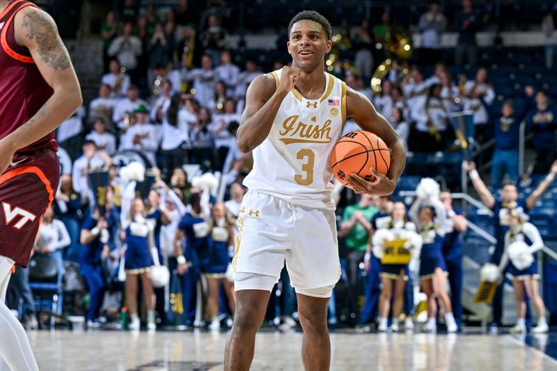 Feb 10, 2024; South Bend, Indiana, USA; Notre Dame Fighting Irish guard Markus Burton (3) reacts as time expires in the second half against the Virginia Tech Hokies at the Purcell Pavilion. Notre Dame won 74-66. Mandatory Credit: Matt Cashore-USA TODAY Sports