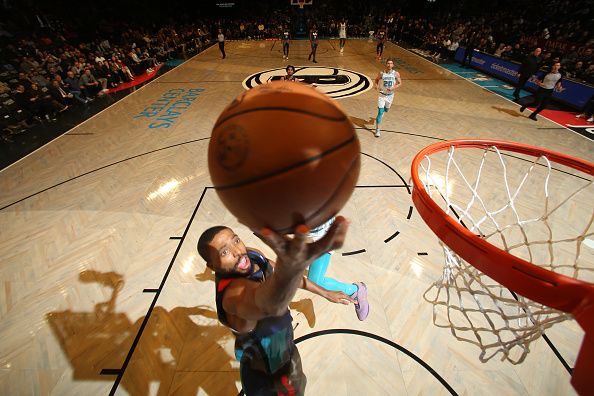 BROOKLYN, NY - NOVEMBER 30: Mikal Bridges #1 of the Brooklyn Nets drives to the basket during the game against the Charlotte Hornets on November 30, 2023 at Barclays Center in Brooklyn, New York. NOTE TO USER: User expressly acknowledges and agrees that, by downloading and or using this Photograph, user is consenting to the terms and conditions of the Getty Images License Agreement. Mandatory Copyright Notice: Copyright 2023 NBAE (Photo by Nathaniel S. Butler/NBAE via Getty Images)