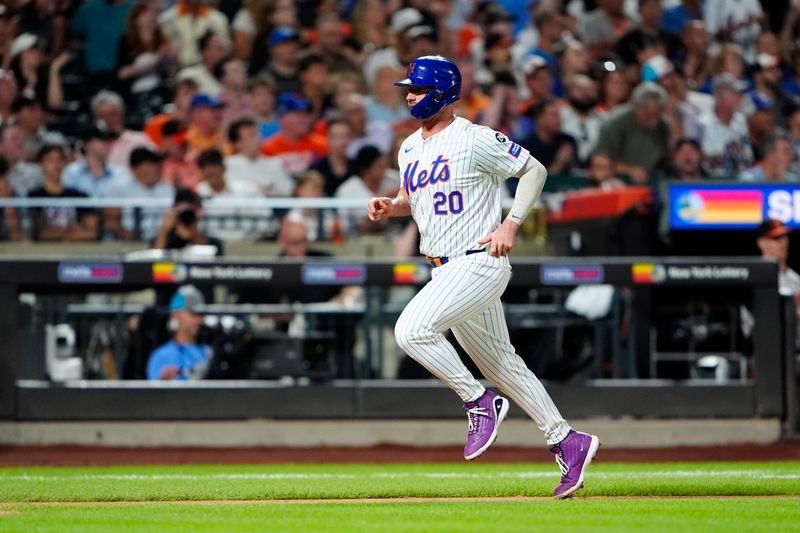 Aug 19, 2024; New York City, New York, USA; New York Mets first baseman Pete Alonso (20) scores a run on New York Mets left fielder Tyrone Taylor (not pictured) RBI single against the Baltimore Orioles during the fourth inning at Citi Field. Mandatory Credit: Gregory Fisher-USA TODAY Sports