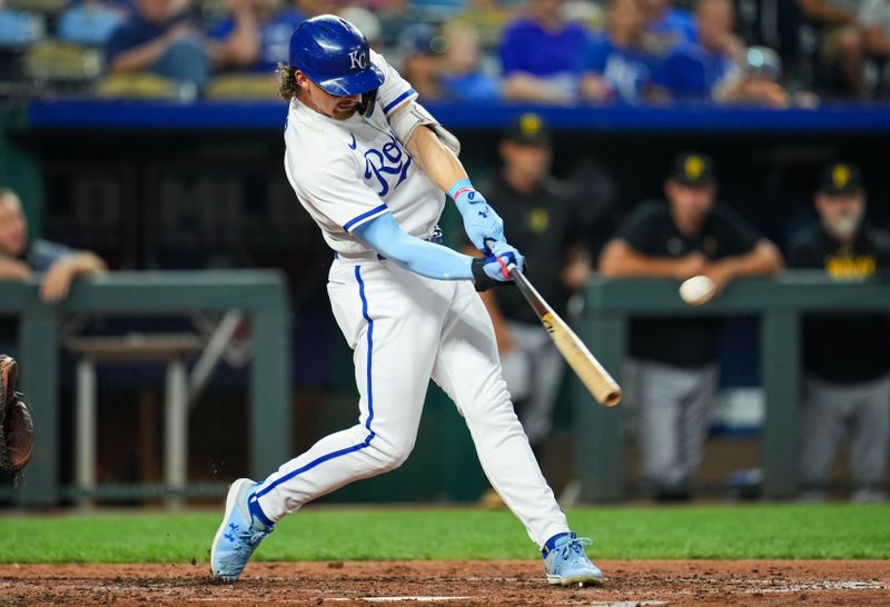 Aug 30, 2023; Kansas City, Missouri, USA; Kansas City Royals shortstop Bobby Witt Jr. (7) hits a home run during the fourth inning against the Pittsburgh Pirates at Kauffman Stadium. Mandatory Credit: Jay Biggerstaff-USA TODAY Sports