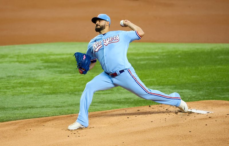 Jul 23, 2023; Arlington, Texas, USA;  Texas Rangers starting pitcher Martin Perez (54) throws during the first inning against the Los Angeles Dodgers at Globe Life Field. Mandatory Credit: Kevin Jairaj-USA TODAY Sports