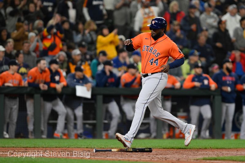 Sep 27, 2023; Seattle, Washington, USA; Houston Astros designated hitter Yordan Alvarez (44) scores a run against the Seattle Mariners during the seventh inning at T-Mobile Park. Mandatory Credit: Steven Bisig-USA TODAY Sports