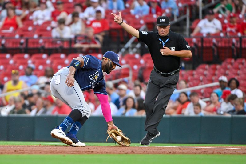 Aug 6, 2024; St. Louis, Missouri, USA;  Tampa Bay Rays first baseman Yandy Diaz (2)  fields a ground ball against the St. Louis Cardinals during the second inning at Busch Stadium. Mandatory Credit: Jeff Curry-USA TODAY Sports