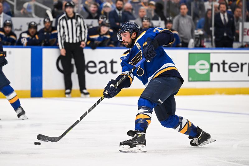May 2, 2025; St. Louis, Missouri, USA; St. Louis Blues defenseman Justin Faulk (72) shoots the puck against Winnipeg Jets during the second period in game six of the first round of the 2025 Stanley Cup Playoffs at Enterprise Center. Mandatory Credit: Connor Hamilton-Imagn Images