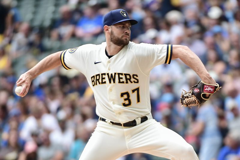 Aug 9, 2023; Milwaukee, Wisconsin, USA; Milwaukee Brewers pitcher Adrian Houser (37) pitches against the Colorado Rockies in the first inning at American Family Field. Mandatory Credit: Benny Sieu-USA TODAY Sports