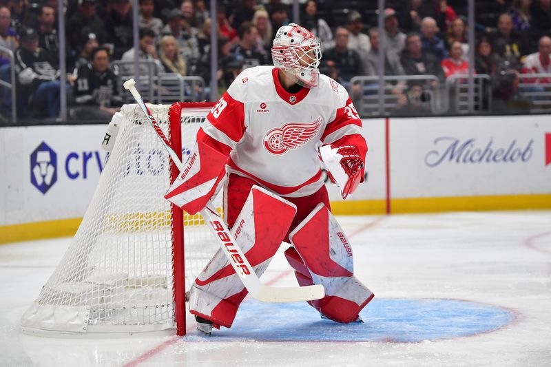 Oct 30, 2025; Los Angeles, California, USA; Detroit Red Wings goaltender Cam Talbot (39) defends the goal against the Los Angeles Kings during the second period at Crypto.com Arena. Mandatory Credit: Gary A. Vasquez-Imagn Images