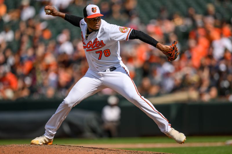 Aug 27, 2023; Baltimore, Maryland, USA; Baltimore Orioles relief pitcher Yennier Cano (78) throws a pitch during the eighth inning against the Colorado Rockies at Oriole Park at Camden Yards. Mandatory Credit: Reggie Hildred-USA TODAY Sports