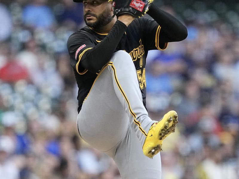 Jul 10, 2024; Milwaukee, Wisconsin, USA;  Pittsburgh Pirates pitcher Martín Perez (54) throws a pitch during the first inning against the Milwaukee Brewers at American Family Field. Mandatory Credit: Jeff Hanisch-USA TODAY Sports