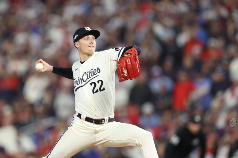 Oct 11, 2023; Minneapolis, Minnesota, USA; Minnesota Twins relief pitcher Griffin Jax (22) pitches in the in the seventh inning against the Houston Astros during game four of the ALDS for the 2023 MLB playoffs at Target Field. Mandatory Credit: Jesse Johnson-USA TODAY Sports