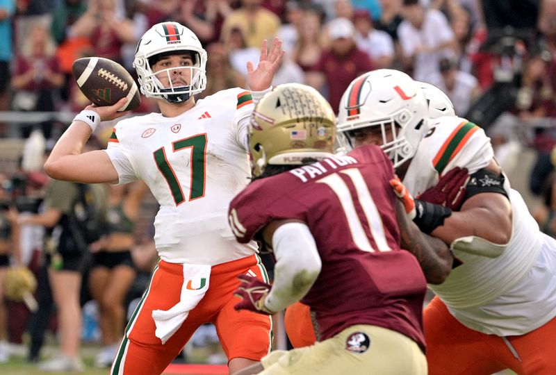 Nov 11, 2023; Tallahassee, Florida, USA; Miami Hurricanes quarterback Emory Williams (17) throws the ball against the Florida State Seminoles during the second half at Doak S. Campbell Stadium. Mandatory Credit: Melina Myers-USA TODAY Sports