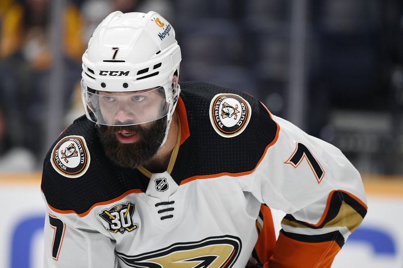 Jan 9, 2024; Nashville, Tennessee, USA; Anaheim Ducks defenseman Radko Gudas (7) waits for a face off during the third period against the Nashville Predators at Bridgestone Arena. Mandatory Credit: Christopher Hanewinckel-USA TODAY Sports