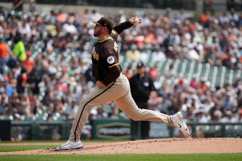 Jul 23, 2023; Detroit, Michigan, USA; San Diego Padres starting pitcher Joe Musgrove (44) pitches during the first inning at Comerica Park. Mandatory Credit: Brian Bradshaw Sevald-USA TODAY Sports