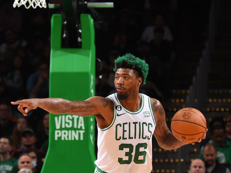 BOSTON, MA - OCTOBER 5: Marcus Smart #8 of the Boston Celtics directs his team during the game against the Toronto Raptors on October 5, 2022 at the TD Garden in Boston, Massachusetts.  NOTE TO USER: User expressly acknowledges and agrees that, by downloading and or using this photograph, User is consenting to the terms and conditions of the Getty Images License Agreement. Mandatory Copyright Notice: Copyright 2022 NBAE  (Photo by Brian Babineau/NBAE via Getty Images)