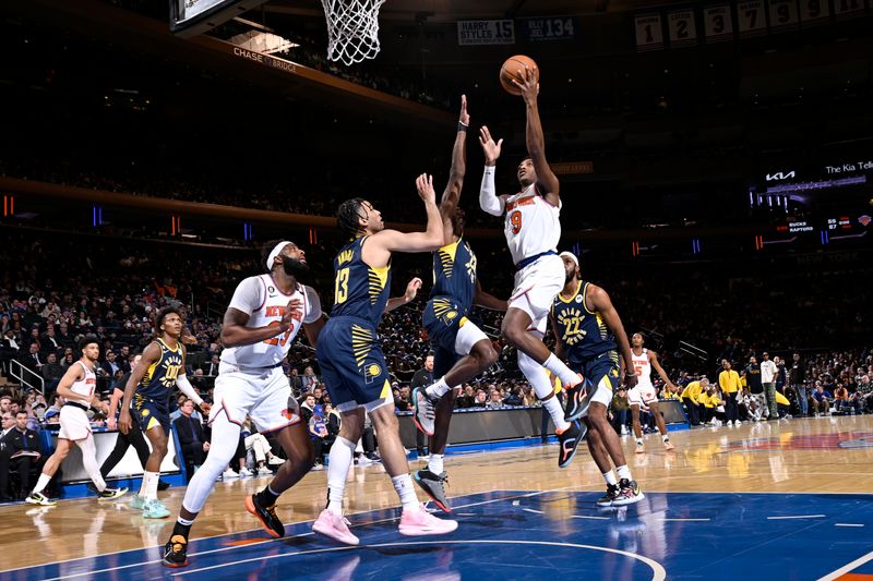 NEW YORK, NY - APRIL 9: RJ Barrett #9 of the New York Knicks shoots the ball during the game against the Indiana Pacers on April 9, 2023 at Madison Square Garden in New York City, New York. NOTE TO USER: User expressly acknowledges and agrees that, by downloading and or using this photograph, User is consenting to the terms and conditions of the Getty Images License Agreement. Mandatory Copyright Notice: Copyright 2023 NBAE  (Photo by David Dow/NBAE via Getty Images)