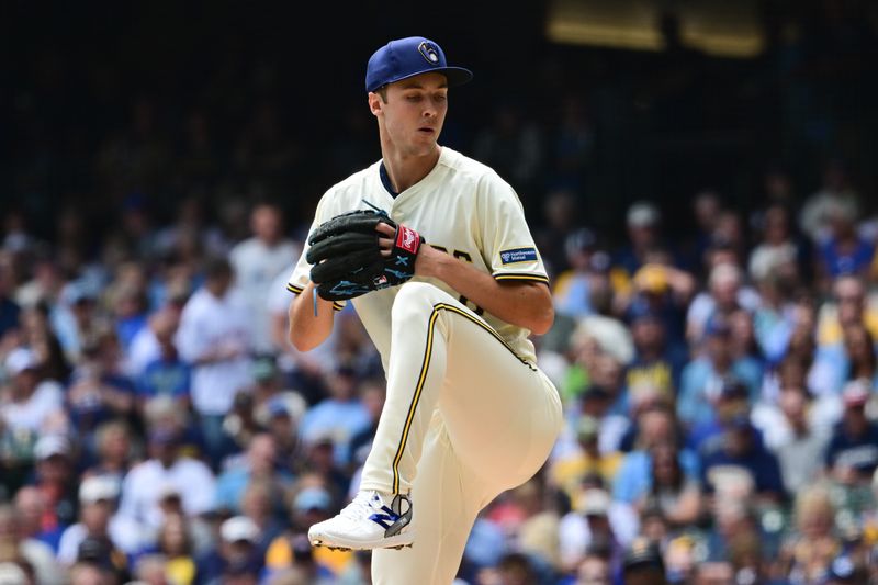 Jun 25, 2025; Milwaukee, Wisconsin, USA; Milwaukee Brewers starting pitcher Jacob Misiorowski (32) throws a pitch in the first inning against the Pittsburgh Pirates at American Family Field. Mandatory Credit: Benny Sieu-Imagn Images