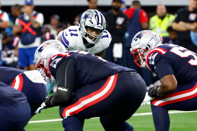 Dallas Cowboys linebacker Micah Parsons (11) waits for the snap during the second half of an NFL football game against the New England Patriots in Arlington, Texas, Sunday, Oct. 1, 2023. (AP Photo/Roger Steinman)