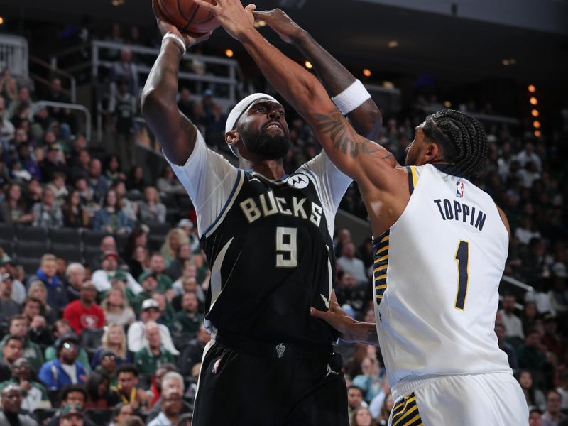 MILWAUKEE, WI - NOVEMBER 22: Bobby Portis #9 of the Milwaukee Bucks shoots the ball during the game against the Indiana Pacers  during a Emirates NBA Cup on November 22, 2024 at Fiserv Forum Center in Milwaukee, Wisconsin. NOTE TO USER: User expressly acknowledges and agrees that, by downloading and or using this Photograph, user is consenting to the terms and conditions of the Getty Images License Agreement. Mandatory Copyright Notice: Copyright 2024 NBAE (Photo by Gary Dineen/NBAE via Getty Images).