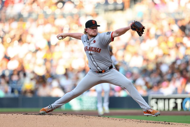 Sep 7, 2024; San Diego, California, USA; San Francisco Giants starting pitcher Logan Webb (62) throws against the San Diego Padres during the first inning at Petco Park. Mandatory Credit: Chadd Cady-Imagn Images