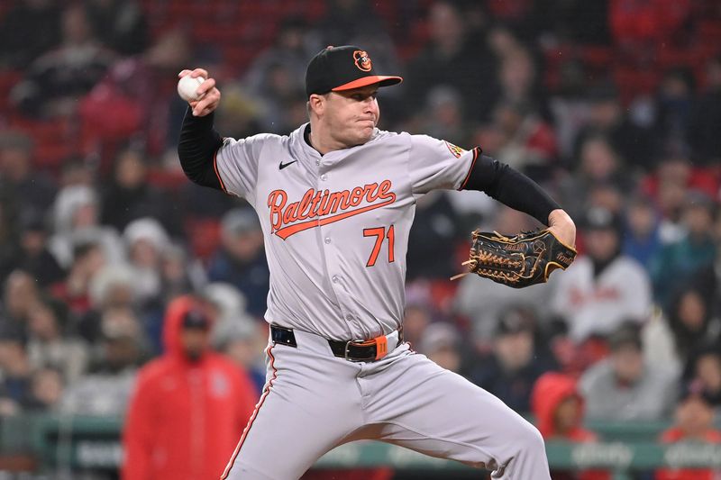 Apr 11, 20024; Boston, Massachusetts, USA; Baltimore Orioles pitcher Jacob Webb (71) pitches against the Boston Red Sox during the sixth inning at Fenway Park. Mandatory Credit: Eric Canha-USA TODAY Sports