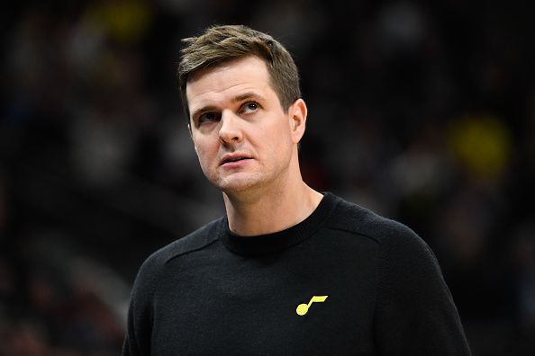 SALT LAKE CITY, UTAH - JANUARY 01: Head coach Will Hardy of the Utah Jazz looks on during the second half of a game against the Dallas Mavericks at Delta Center on January 01, 2024 in Salt Lake City, Utah. NOTE TO USER: User expressly acknowledges and agrees that, by downloading and or using this photograph, User is consenting to the terms and conditions of the Getty Images License Agreement. (Photo by Alex Goodlett/Getty Images)