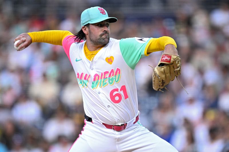 Jul 12, 2024; San Diego, California, USA; San Diego Padres starting pitcher Matt Waldron (61) pitches against the Atlanta Braves during the first inning at Petco Park. Mandatory Credit: Orlando Ramirez-USA TODAY Sports 