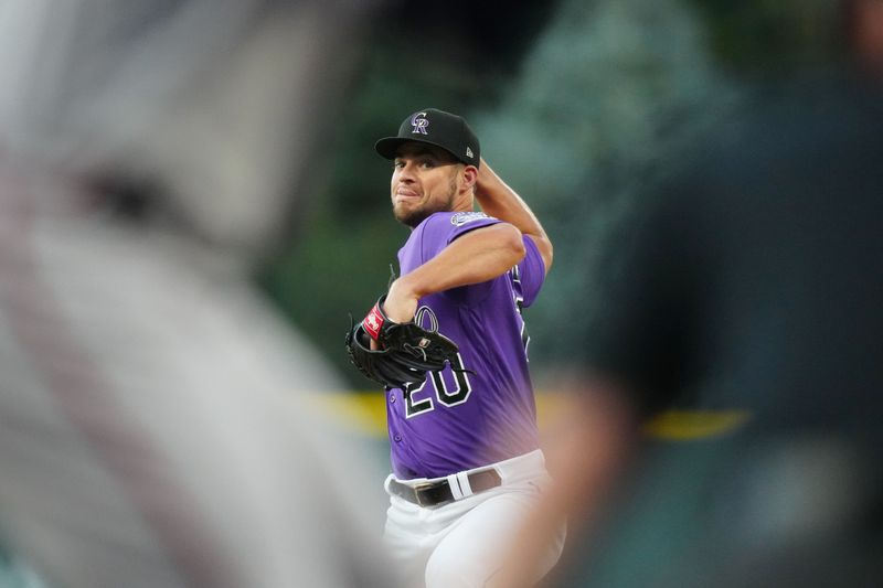 Aug 29, 2023; Denver, Colorado, USA; Colorado Rockies starting pitcher Peter Lambert (20) delivers a pitch in the first inning against the Atlanta Braves at Coors Field. Mandatory Credit: Ron Chenoy-USA TODAY Sports