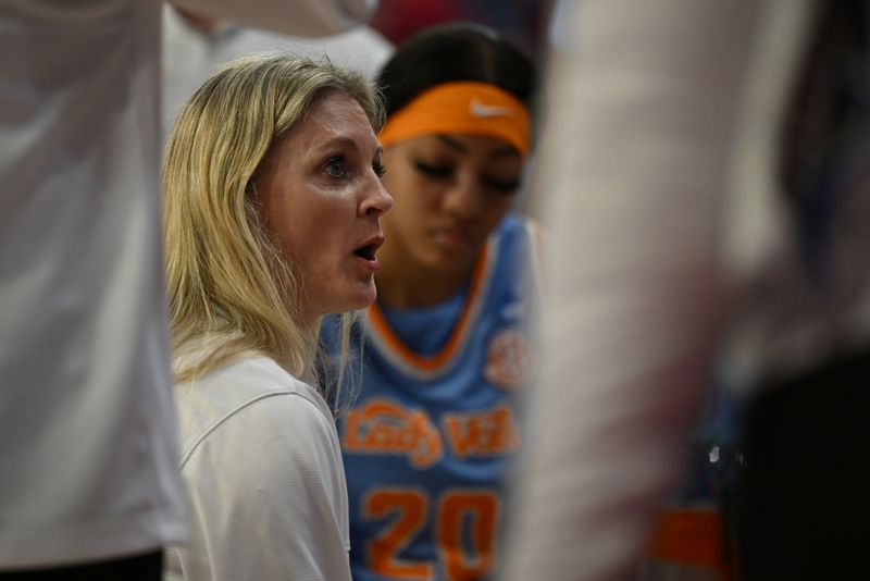 Mar 25, 2024; Raleigh, North Carolina, USA; Tennessee Lady Vols head coach Kellie Harper goes over a play in the huddle in the second round of the 2024 NCAA Women's Tournament at James T. Valvano Arena at William Neal Reynolds. Mandatory Credit: William Howard-USA TODAY Sports