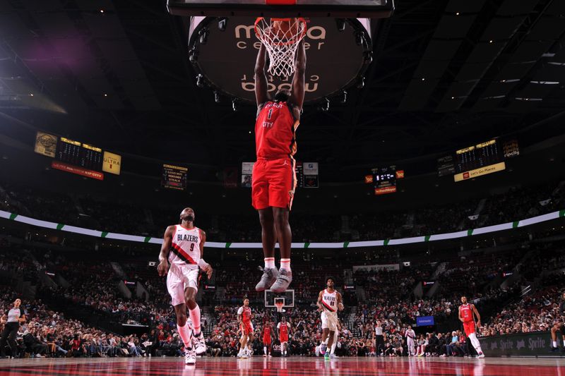 PORTLAND, OR - OCTOBER 27: Zion Williamson #1 of the New Orleans Pelicans dunks the ball during the game against the Portland Trail Blazers on October 27, 2024 at the Moda Center Arena in Portland, Oregon. NOTE TO USER: User expressly acknowledges and agrees that, by downloading and or using this photograph, user is consenting to the terms and conditions of the Getty Images License Agreement. Mandatory Copyright Notice: Copyright 2024 NBAE (Photo by Cameron Browne/NBAE via Getty Images)