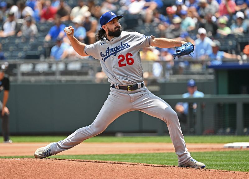 Jul 2, 2023; Kansas City, Missouri, USA;  Los Angeles Dodgers starting pitcher Tony Gonsolin (26) delivers a pitch in the first inning against the Kansas City Royals at Kauffman Stadium. Mandatory Credit: Peter Aiken-USA TODAY Sports