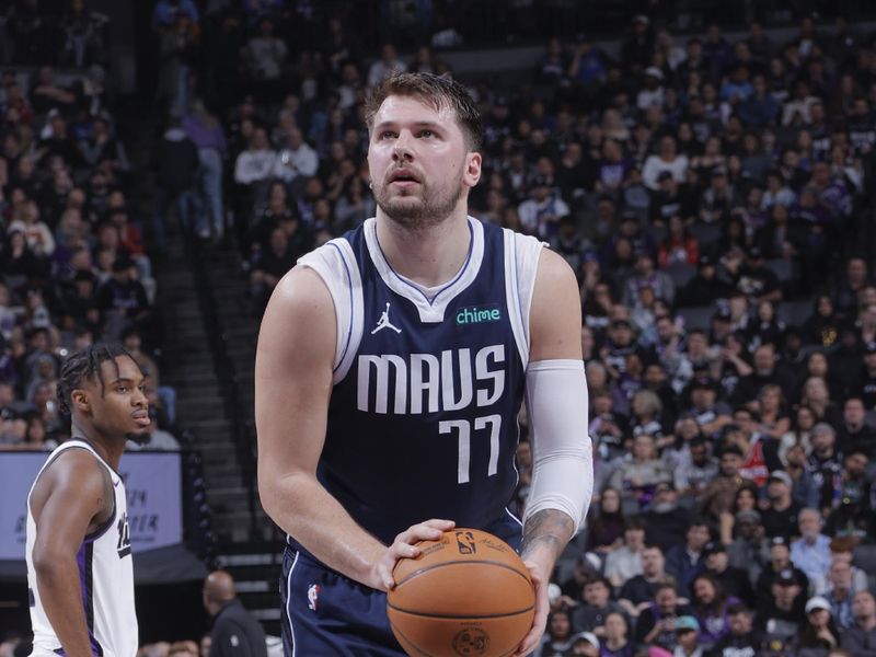 SACRAMENTO, CA - MARCH 29:  Luka Doncic #77 of the Dallas Mavericks shoots a free throw during the game on March 29, 2024 at Golden 1 Center in Sacramento, California. NOTE TO USER: User expressly acknowledges and agrees that, by downloading and or using this Photograph, user is consenting to the terms and conditions of the Getty Images License Agreement. Mandatory Copyright Notice: Copyright 2024 NBAE (Photo by Rocky Widner/NBAE via Getty Images)