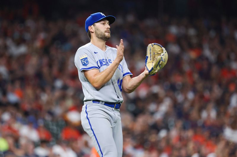 Sep 22, 2023; Houston, Texas, USA; Kansas City Royals relief pitcher Collin Snider (40) reacts during a play during the seventh inning against the Houston Astros at Minute Maid Park. Mandatory Credit: Troy Taormina-USA TODAY Sports