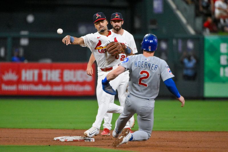 Aug 10, 2025; St. Louis, Missouri, USA;  St. Louis Cardinals shortstop Masyn Winn (0) tunrs a double play against the Chicago Cubs during the seventh inning at Busch Stadium. Mandatory Credit: Jeff Curry-Imagn Images