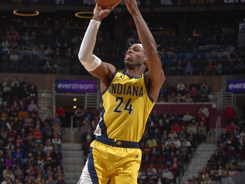 CLEVELAND, OH - APRIL 2:  Buddy Hield #24 of the Indiana Pacers shoots the ball during the game on April 2, 2023 at Rocket Mortgage FieldHouse in Cleveland, Ohio. NOTE TO USER: User expressly acknowledges and agrees that, by downloading and/or using this Photograph, user is consenting to the terms and conditions of the Getty Images License Agreement. Mandatory Copyright Notice: Copyright 2023 NBAE (Photo by David Liam Kyle/NBAE via Getty Images)