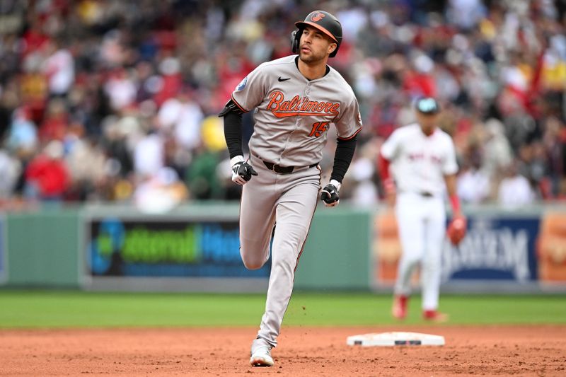 May 25, 2025; Boston, Massachusetts, USA; Baltimore Orioles Dylan Carlson (15) runs the bases after hitting a solo home run against the Boston Red Sox during the fifth inning at Fenway Park. Mandatory Credit: Brian Fluharty-Imagn Images