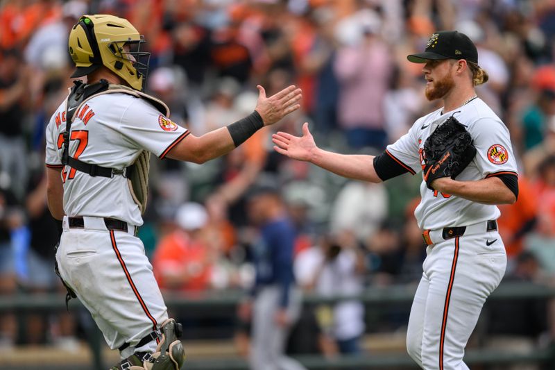 May 19, 2024; Baltimore, Maryland, USA; Baltimore Orioles catcher James McCann (27) and pitcher Craig Kimbrel (46) react after the game against the Seattle Mariners at Oriole Park at Camden Yards. Mandatory Credit: Reggie Hildred-USA TODAY Sports