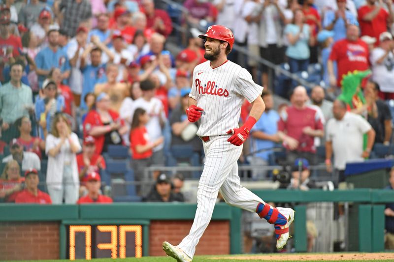 Jun 3, 2024; Philadelphia, Pennsylvania, USA; Philadelphia Phillies outfielder Davide Dahl (35) celebrates his home run against the Milwaukee Brewers during the fourth inning at Citizens Bank Park. Mandatory Credit: Eric Hartline-USA TODAY Sports