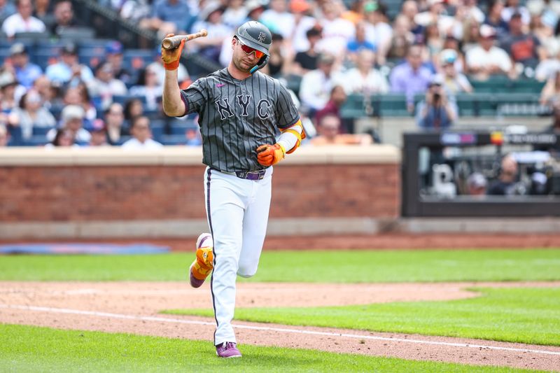 May 25, 2024; New York City, New York, USA;  New York Mets first baseman Pete Alonso (20) throws his bat after flying out to end the seventh inning against the San Francisco Giants at Citi Field. Mandatory Credit: Wendell Cruz-USA TODAY Sports