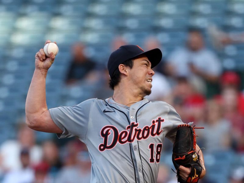 Jun 28, 2024; Anaheim, California, USA;  Detroit Tigers starting pitcher Kenta Maeda (18) pitches during the first inning against the Los Angeles Angels at Angel Stadium. Mandatory Credit: Kiyoshi Mio-USA TODAY Sports