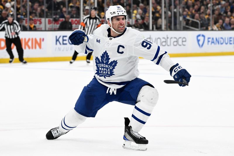 Apr 22, 2024; Boston, Massachusetts, USA; Toronto Maple Leafs center John Tavares (91) reacts after scoring a goal against the Boston Bruins during the second period in game two of the first round of the 2024 Stanley Cup Playoffs at TD Garden. Mandatory Credit: Brian Fluharty-USA TODAY Sports