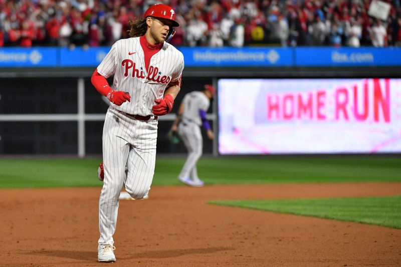 Oct 24, 2023; Philadelphia, Pennsylvania, USA; Philadelphia Phillies first baseman Alec Bohm (28) runs the bases after hitting a home run against the Arizona Diamondbacks in the second inning during game seven of the NLCS for the 2023 MLB playoffs at Citizens Bank Park. Mandatory Credit: Eric Hartline-USA TODAY Sports