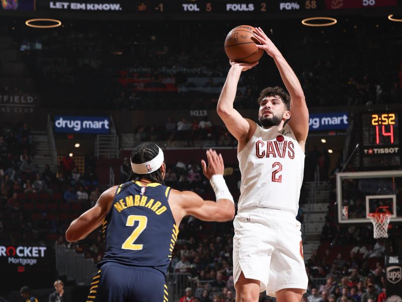 Cleveland, OH - OCTOBER 10: Ty Jerome #2 of the Cleveland Cavaliers shoots the ball during the game against the Indiana Pacers during a NBA pre season game on October 10, 2024 at Rocket Mortgage Fieldhouse in Cleveland, Ohio. NOTE TO USER: User expressly acknowledges and agrees that, by downloading and or using this photograph, User is consenting to the terms and conditions of the Getty Images License Agreement. Mandatory Copyright Notice: Copyright 2024 NBAE (Photo by Jeff Haynes/NBAE via Getty Images)