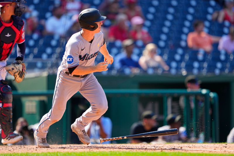 Sep 3, 2023; Washington, District of Columbia, USA;  Miami Marlins shortstop Joey Wendle (18) gets on first base on an error by the Washington Nationals during the sixth inning at Nationals Park. Mandatory Credit: Gregory Fisher-USA TODAY Sports