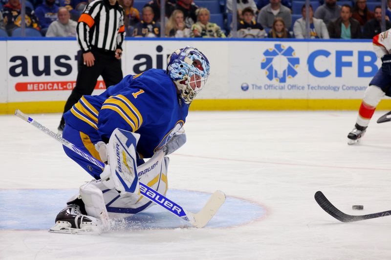 Oct 28, 2024; Buffalo, New York, USA;  Buffalo Sabres goaltender Ukko-Pekka Luukkonen (1) looks to make a save during the first period against the Florida Panthers at KeyBank Center. Mandatory Credit: Timothy T. Ludwig-Imagn Images