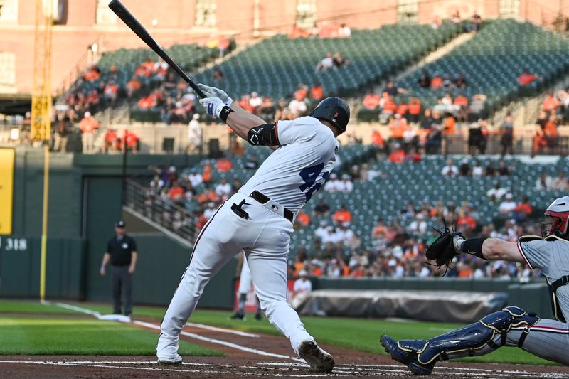 Apr 15, 2024; Baltimore, Maryland, USA;  Baltimore Orioles third baseman Jordan Westburg hits a two run double during the first inning against the Minnesota Twins at Oriole Park at Camden Yards. Mandatory Credit: Tommy Gilligan-USA TODAY Sports