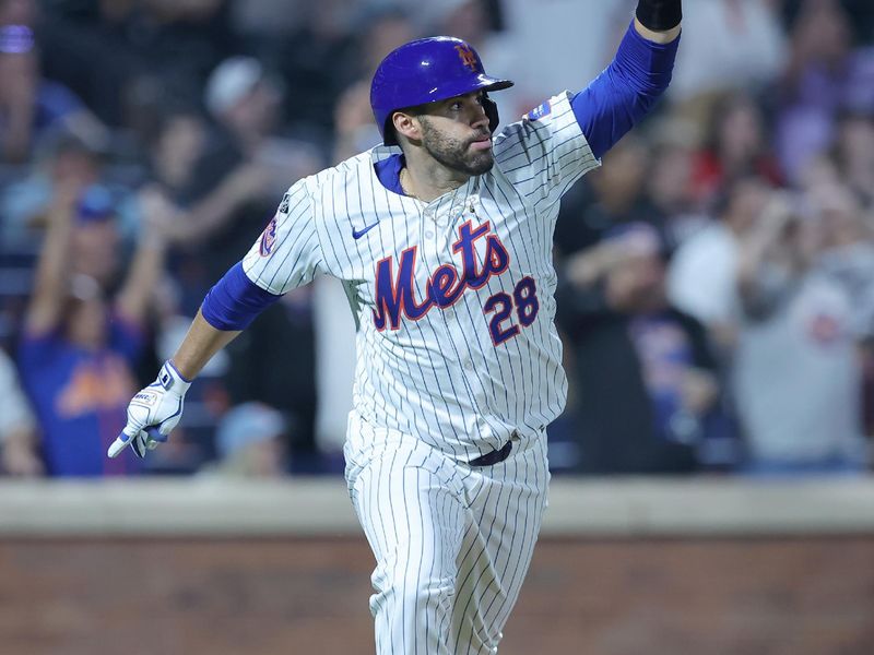 Jun 13, 2024; New York City, New York, USA; New York Mets designated hitter J.D. Martinez (28) reacts after hitting a ninth inning walkoff two run home run against the Miami Marlins at Citi Field. Mandatory Credit: Brad Penner-USA TODAY Sports