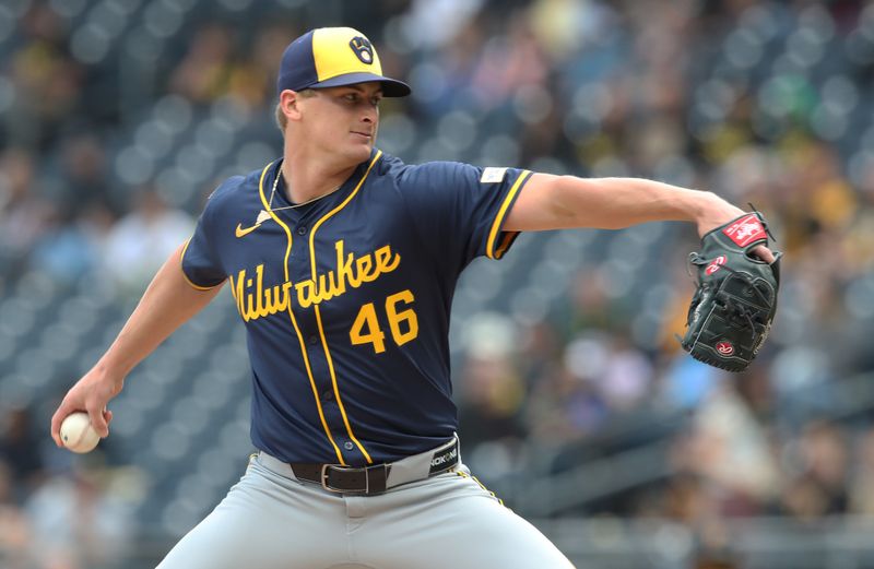 May 24, 2025; Pittsburgh, Pennsylvania, USA;  Milwaukee Brewers starting pitcher Quinn Priester (46) delivers a pitch against the Pittsburgh Pirates during the first inning at PNC Park. Mandatory Credit: Charles LeClaire-Imagn Images
