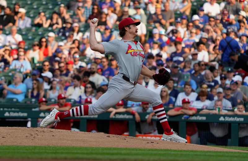 Aug 4, 2024; Chicago, Illinois, USA; St. Louis Cardinals pitcher Miles Mikolas (39) throws the ball against the Chicago Cubs during the first inning at Wrigley Field. Mandatory Credit: David Banks-USA TODAY Sports