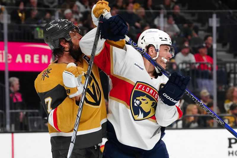 Jan 4, 2024; Las Vegas, Nevada, USA; Florida Panthers left wing Matthew Tkachuk (19) elbows Vegas Golden Knights defenseman Alex Pietrangelo (7) during the third period at T-Mobile Arena. Mandatory Credit: Stephen R. Sylvanie-USA TODAY Sports