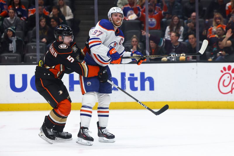 Feb 9, 2024; Anaheim, California, USA; Edmonton Oilers center Connor McDavid (97) reacts to a penalty during the first period of a game against the Anaheim Ducks at Honda Center. Mandatory Credit: Jessica Alcheh-USA TODAY Sports