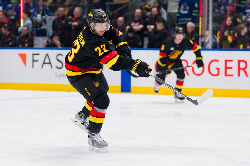 Feb 15, 2024; Vancouver, British Columbia, CAN; Vancouver Canucks forward Elias Lindholm (23) shoots during warm up prior to a game against the Detroit Red Wings at Rogers Arena.  Mandatory Credit: Bob Frid-USA TODAY Sports